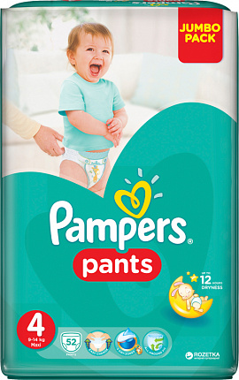 Подгузники-трусики Pants для мальчиков и девочек Maxi 9-14 кг Джамбо Упаковка 52
